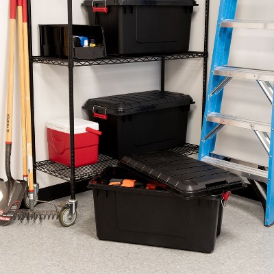 Heavy Duty Black Plastic Stackable Storage Totes with Lids, 82 Quart, Set of 4
