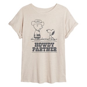 Women's - Peanuts - Charlie Snoopy Howdy Partner -Womens Oversized Graphic T-Shirt Oversized Graphic T-Shirt - 1 of 4