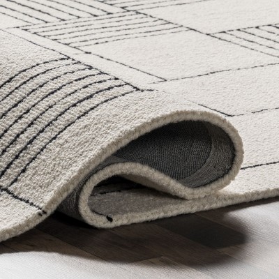 Ivory and Black Geometric Wool Handmade 4' x 6' Area Rug