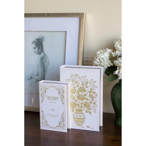 Gulches Set of 2 Decorative Book Boxes with White and Gold Floral Motifs - Elegant Storage Solution (Large: 7"x3"x10.5", Small: 5"x2"x8.3") - 1 of 4