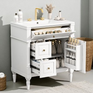 Mshliw 30" Freestanding Bathroom Vanity with Ceramic Sink, Flip Drawer, 2 Storage Drawers & Adjustable Shelf, Solid Rubberwood Frame - 1 of 4