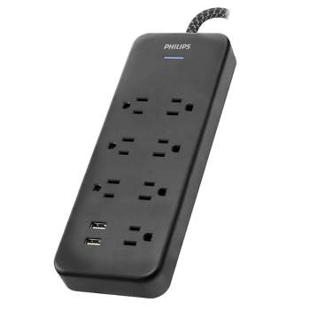 Philips 7-Outlet Surge 4' Braided Cord 1500J 2 USBA Adaptor Spaced - Black