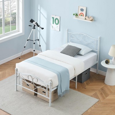 Twin Bed Frames with arc-shaped fancy design Headboard, Heavy Duty Mattress Foundation with Steel Slats Support, No Box Spring Needed