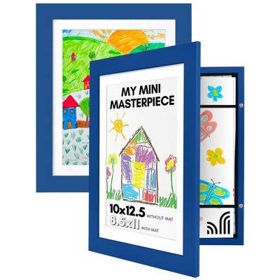 Americanflat 10x12.5 Kids Art Frame  Set of 2 - Use as 8.5x11 Frame with Mat or 10x12.5 Frame Without Mat - My Mini Masterpiece - Blue