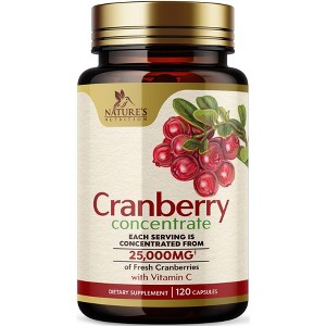 Cranberry Concentrate Extract Supplement + Vitamin C - 25,000mg Formula for Urinary Tract Health Support - 120 Capsules By Nature's Nutrition - 1 of 4