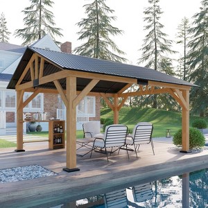 AMERLIFE 13x15 ft Outdoor Gazebo with Bar Storage, Hardtop Wooden Pavilion, Black + Natural Wood - 1 of 4