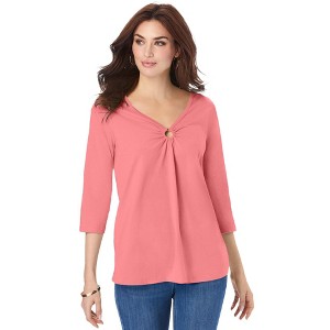 Roaman's Women's Plus Size Keyhole V Neck Ultimate Tee - 1 of 4