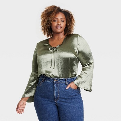 Women's Flared Long Sleeve Satin Blouse - Ava & Viv™ Green 3x : Target