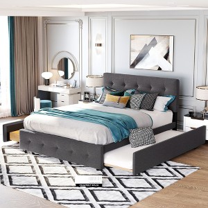PAGED Upholstered Bed Queen Size Simple Modern Wooden Bed Frame with Twin XL Trundle, Storage Drawers and Headboard for Bedroom - 1 of 4