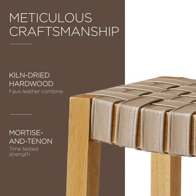 Weathered Natural Wood Backless Saddle Counter Stool with Vegan Leather Seat