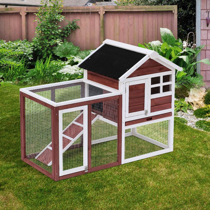 PawHut 48" Wooden Rabbit Hutch Bunny Cage with Waterproof Asphalt Roof, Fun Outdoor Run, Removable Tray and Ramp, 4 of 9