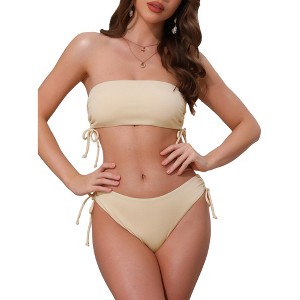 INSPIRE CHIC Women's Bandeau Drawstring Side Tie Ribbed Bikini Sets, Strapless Top Triangle Bottom Swimwear Bathing Suits 1 Set - 1 of 4