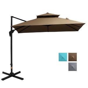 10ft Offset Patio Umbrella with Base, Double Top Hanging Aluminum Cantilever Umbrella with 360-degree Rotation, Easy Tilt, 8 Ribs, Crank - 1 of 4