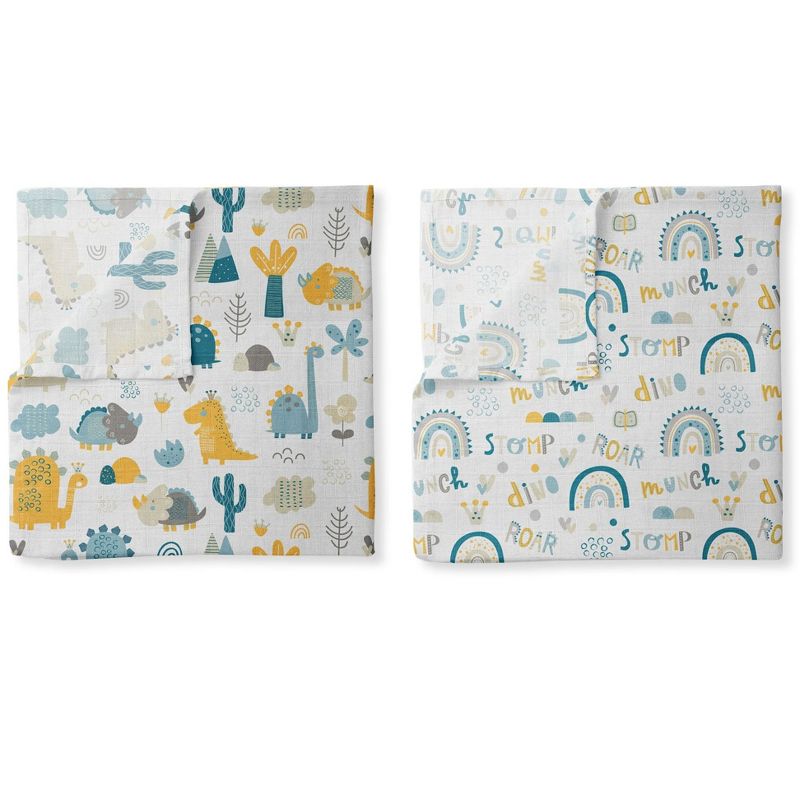 Little Dino Boys Teal/Yellow 2 pack Muslin Swaddling Blankets, 2 of 10