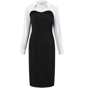 Hobemty Women's Contrast Color Long Sleeve Lapel Neck Elegant Work Sheath Dress - 1 of 4