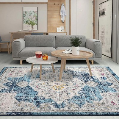 Acekool Area Rug Plush Non-Shedding Low Pile Stain Resistant Non Slip Vintage Medallion Accent Carpet for Living Room Bedroom