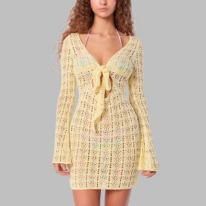Women's Crochet Knit Hollow Out Beach Sun Cover Up Mini Boho Dress Tie Front Bell Long Sleeve V Neck Swimsuit Summer Casual Short Dress Yellow S