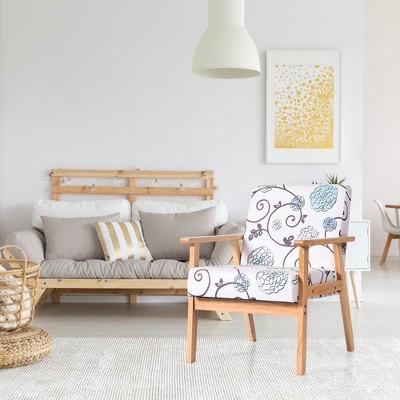 White and Blue Floral Fabric Lounge Chair with Teak Frame