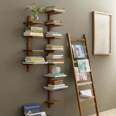Eco-Friendly Teak 4-Tier Wall Mounted Shelf in Brown
