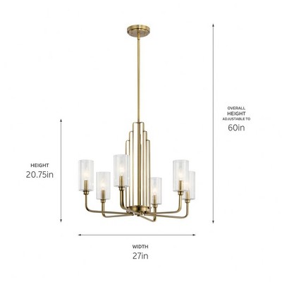 Art Deco Brushed Brass 6-Light Chandelier with Etched Clear Glass