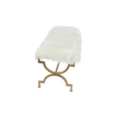 Chic Gold Metal 42" Entryway Bench with White Faux Fur Cushion