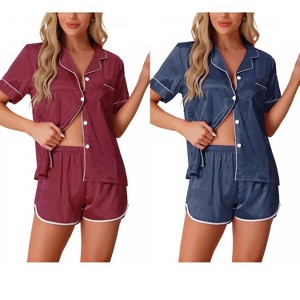 INSPIRE CHIC Women's 2 Pcs Satin Pajamas Silky Short Sleeve Button Down Pajama Sets - 1 of 4