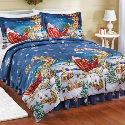 Twin Reversible White and Blue Cotton Holiday Comforter Set