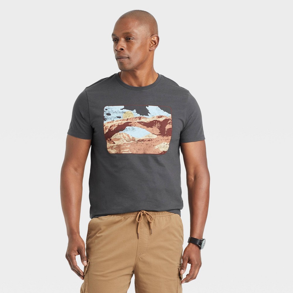 Men's Landscape Print Short Sleeve Graphic T-Shirt - Goodfellow & Co Charcoal L, Grey