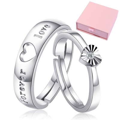 Promise Rings For Couples – Premium 925 Silver Couple Rings, Adjustable Open Ring – Luxurious Love Heart Couple Promise Rings Set