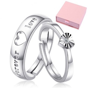 Promise Rings For Couples – Premium 925 Silver Couple Rings, Adjustable Open Ring – Luxurious Love Heart Couple Promise Rings Set - 1 of 4
