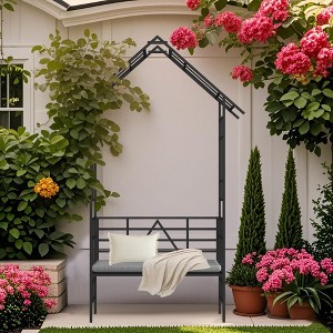 Gulches Metal Garden Arch with Bench Turned into Flower Stand W58.07*H97.24 Climbing Plants Support Rose Arch Outdoor Black - 1 of 4