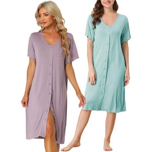 cheibear Women's Short Sleeve Button Down Midi Pajama Dress 2 Packs - 1 of 4