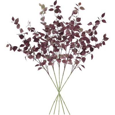 Attop 5PCS Artificial Fall Eucalyptus Leaves Stem Plants, 32.7 inch Burgundy Shrubs Silk Faux Foliage DIY Stems