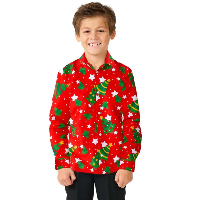 Suitmeister Boys Christmas Shirt - Christmas Trees Stars Red, 1 of 4
