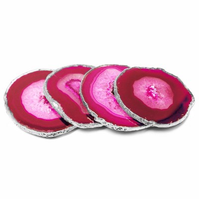 Set of 4 Pink Agate Stone Coasters with Silver Edge