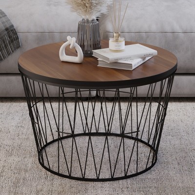 Round Coffee Table with Geometric Metal Base – Small Modern Accent Table for Living Room – Mid-Century Coffee Table by Lavish Home (Brown/Black)