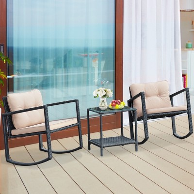 Costway 3pc Patio Rattan Conversation Set Rocking Chair Cushioned Sofa ...