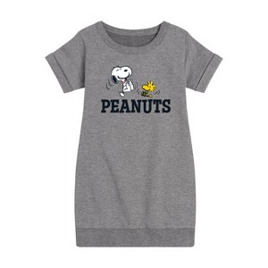 - Peanuts - Snoopy And Woodstock Graphic Short Sleeve Fleece Dress - 1 of 4