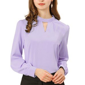 INSPIRE CHIC Women's Office Keyhole Elegant Stand Collar Long Sleeve Back Neck Button Blouse - 1 of 4