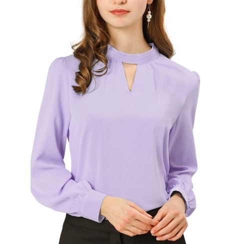 Allegra K Women's Office Keyhole Elegant Stand Collar Long Sleeve Chiffon  Blouses Light Purple X-Large