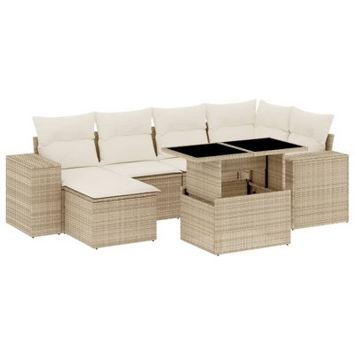 vidaXL 7 Piece Patio Sofa Set with Cushions Poly Rattan - Beige and Cream Without Storage
