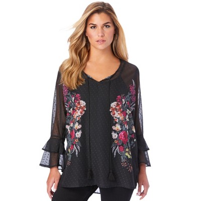 Roaman's Women's Plus Size Swiss Dot Georgette Top