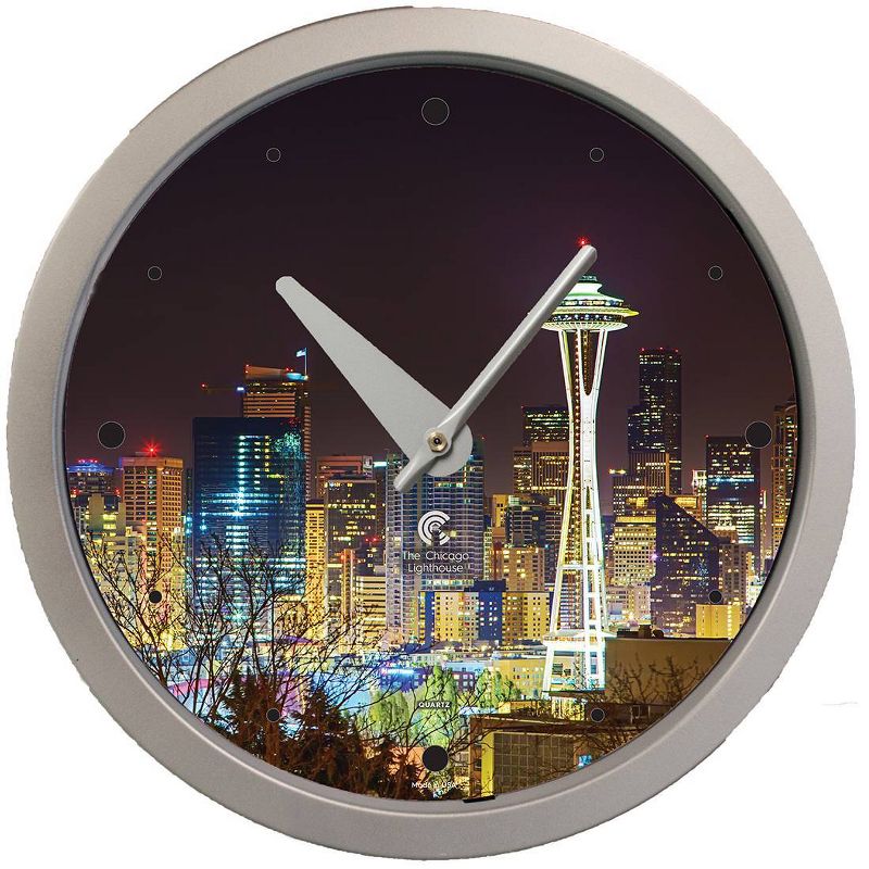 14.5&#34; Seattle Skyline Contemporary Body Quartz Movement Decorative Wall Clock Silver - The Chicago Lighthouse, 1 of 6