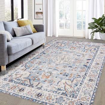 Washable Rug Traditional Oriental Rugs Soft Low Pile Carpet for Living Room Bedroom Dining, 5' x 7' Blue