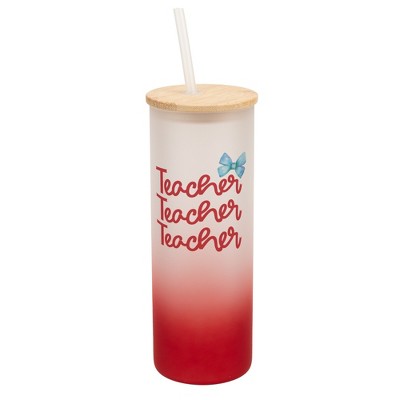 Elanze Designs 25 Ounce Frosted Glass Gradient Travel Tumbler With Straw and Wooden Lid, Teacher Red