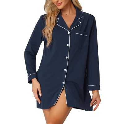 Image of cheibear Women's Long Sleeve Button Down Lounge Nightshirt Navy Blue Large
