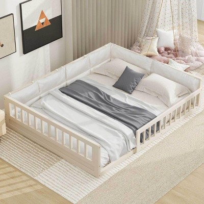 Streamdale Wood Full Size Upholstered Platform Bed with Guardrail and Pillow, Beige