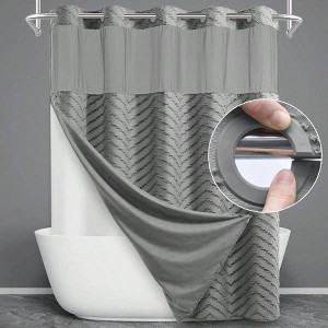 No Hook Shower Curtain with Snap in Liner Tufted Striped Bathroom Curtain Boho Waterproof Washable 71Wx74H - 1 of 4