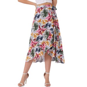 INSPIRE CHIC Women's Tropical Floral Print Ruffle Self-Tie Knot Split Beach Wrap Midi Skirt - 1 of 4