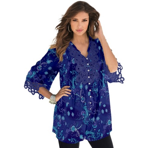 Roaman's Women's Plus Size Juliet Lace Big Shirt - 14 W, Blue : Target